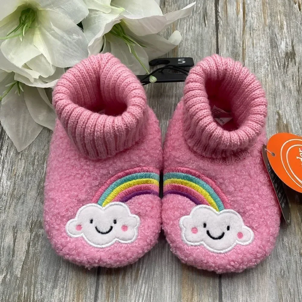 Baby Girls Teddy Knit Rainbow Comfy Soft Slippers Shoes Size 5